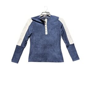 Paniz Henley Top Women Medium Blue Gray Faux Suede Long Sleeve Snap Neck